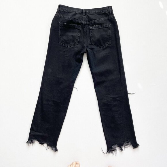 Free People Destroyed Straight Jeans 25 Distressed Black Denim High Rise Raw Hem - Picture 10 of 12